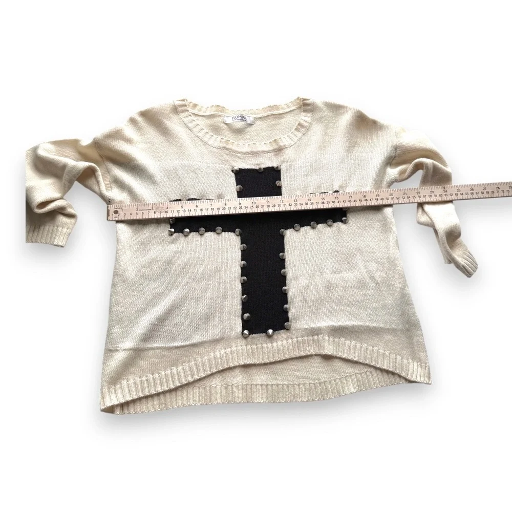 ROMWE off white studded cross sweater lightweight knit long sleeve